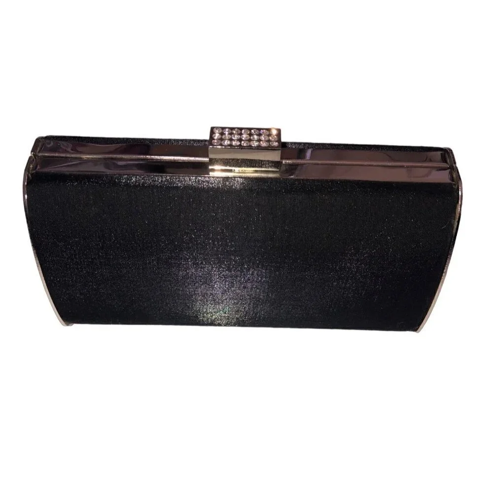 Clutch Handbag Satin Black Silver Chain Sparkle Clam Shell Evening Formal